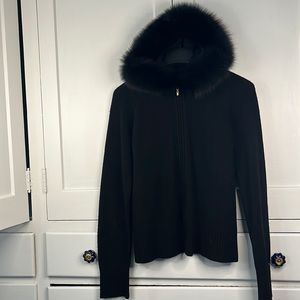 Black St John cashmere zip up hooded sweater with fox fur lined hood